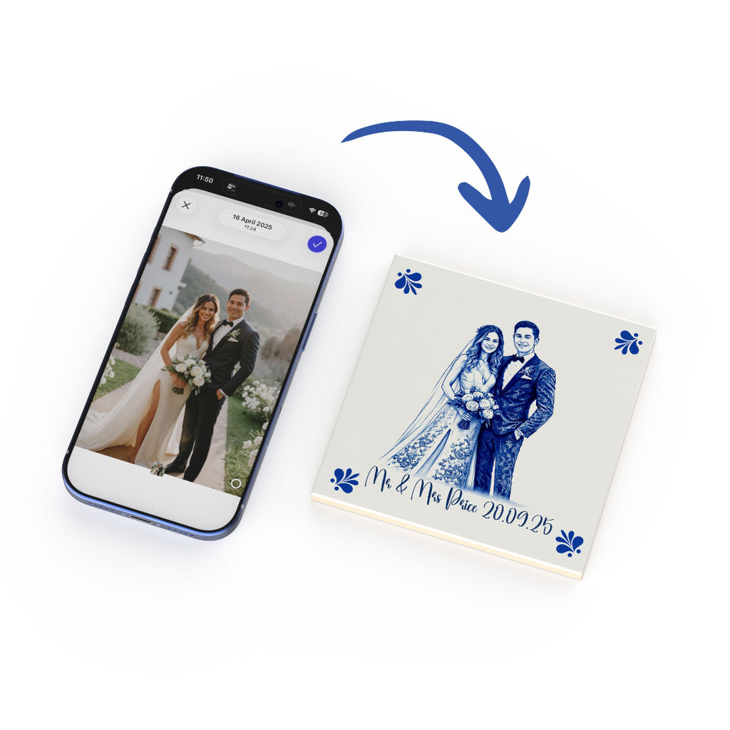Close-up of personalised wedding ceramic tile with glossy finish