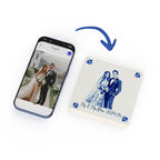 Close-up of personalised wedding ceramic tile with glossy finish